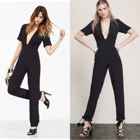 Reformation Dean Black Jumpsuit Deep V Neck Size XS - Picture 1 of 10